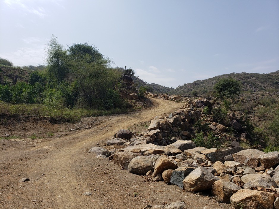 A dirt road with rocks and trees