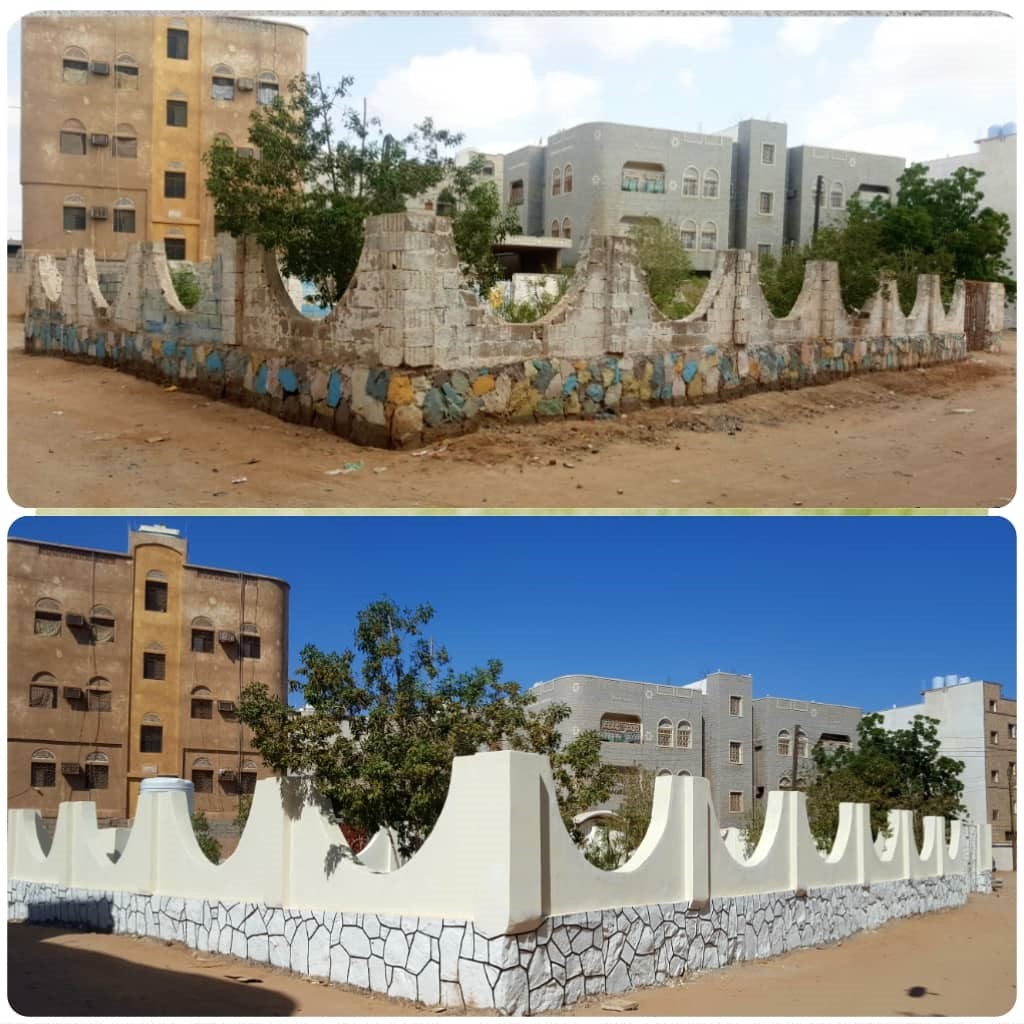 Two pictures of a wall with a fence and a building in the background.