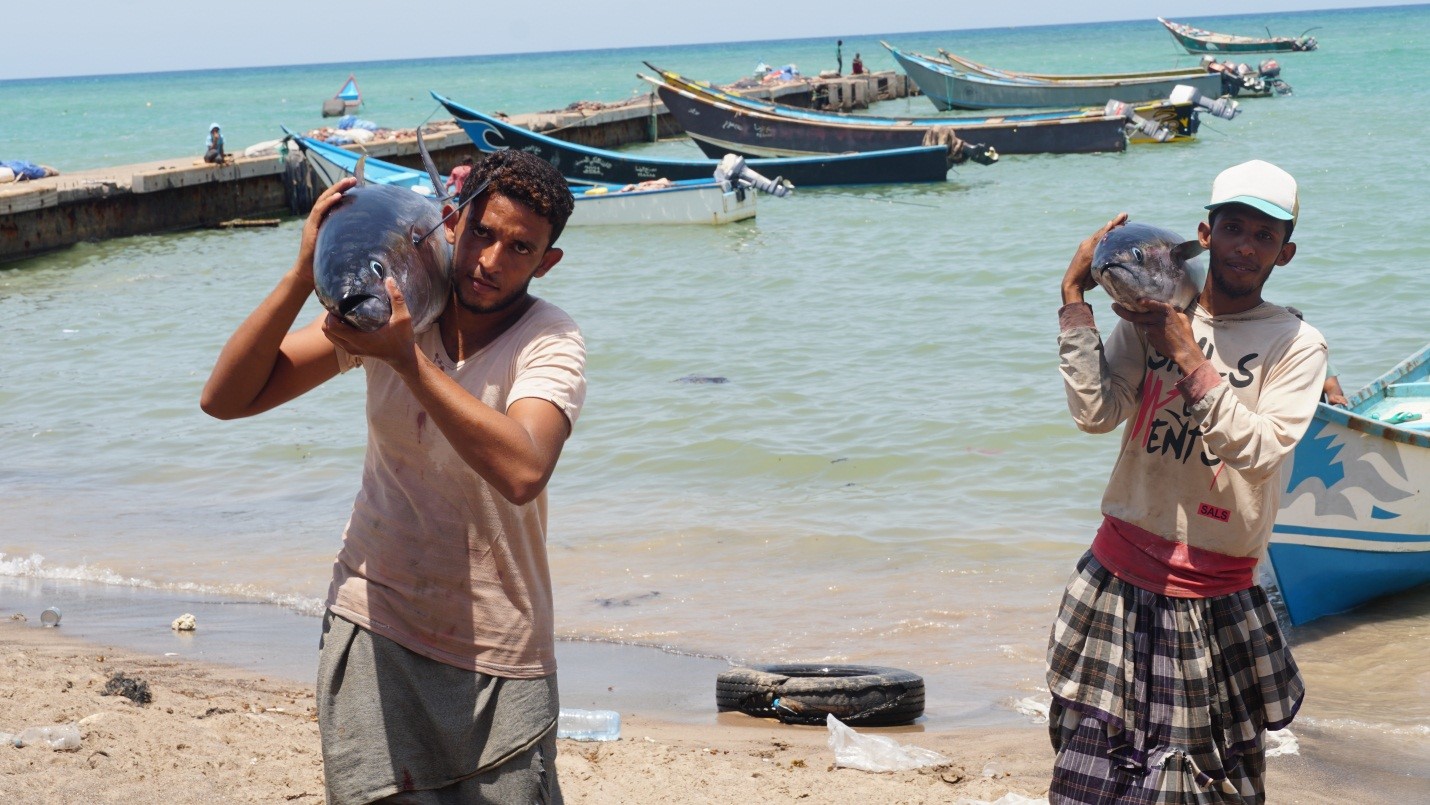 Two men carrying fish on their shoulder at the beach