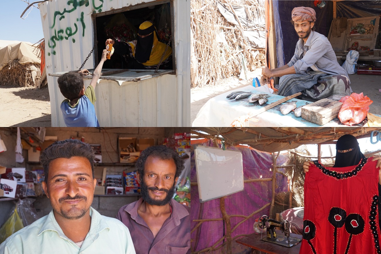 A collage of pictures featuring people in tents and a man selling food and other items at an outdoor market.