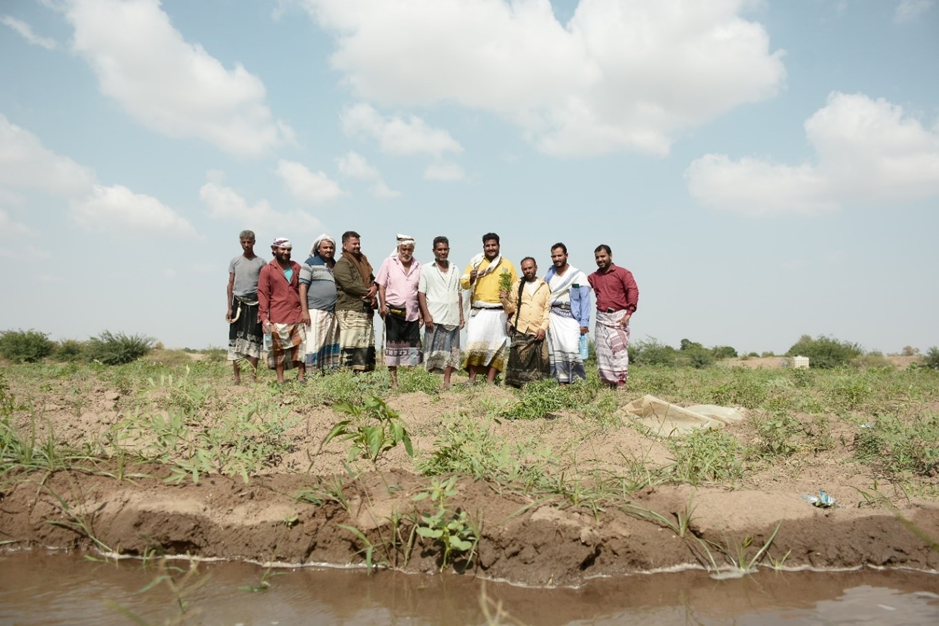 A group of men standing in a field along a water dam
