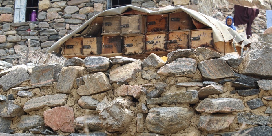 A group of wooden boxes on a stone wall